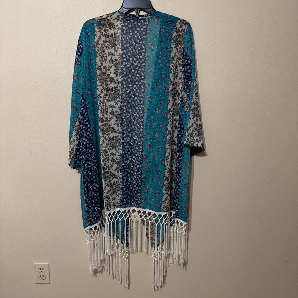 Ing Blue and White Fringe Trim Poncho - Picture 3 of 11
